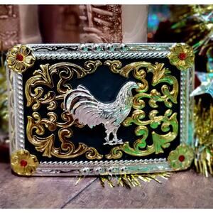 Rooster Western Belt Buckle Black Gold And Silver Rectangle For 2.0 Inch Belt